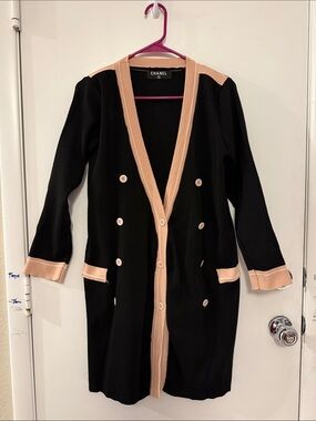 Black Knit Long BUTTON DOWN Cardigan with Light Pink  Trim